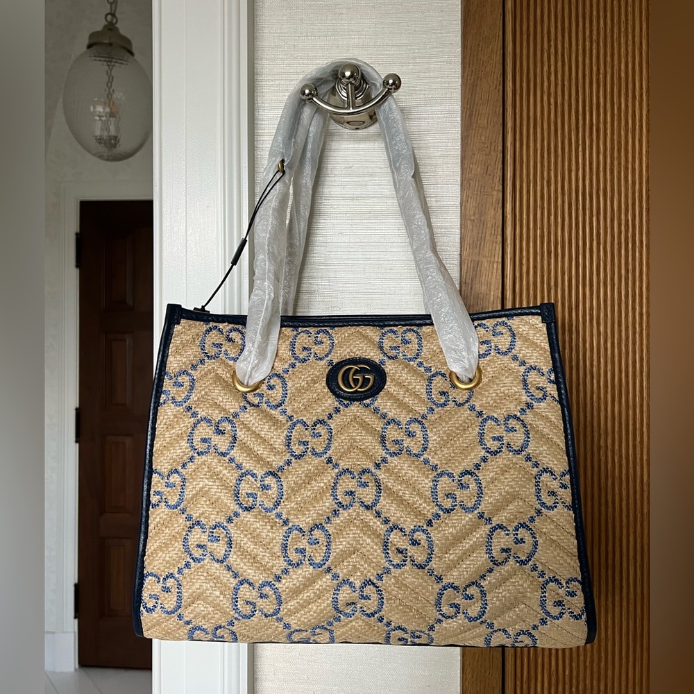 Gucci GG Marmont medium shopping tote in tan and blue raffia effect